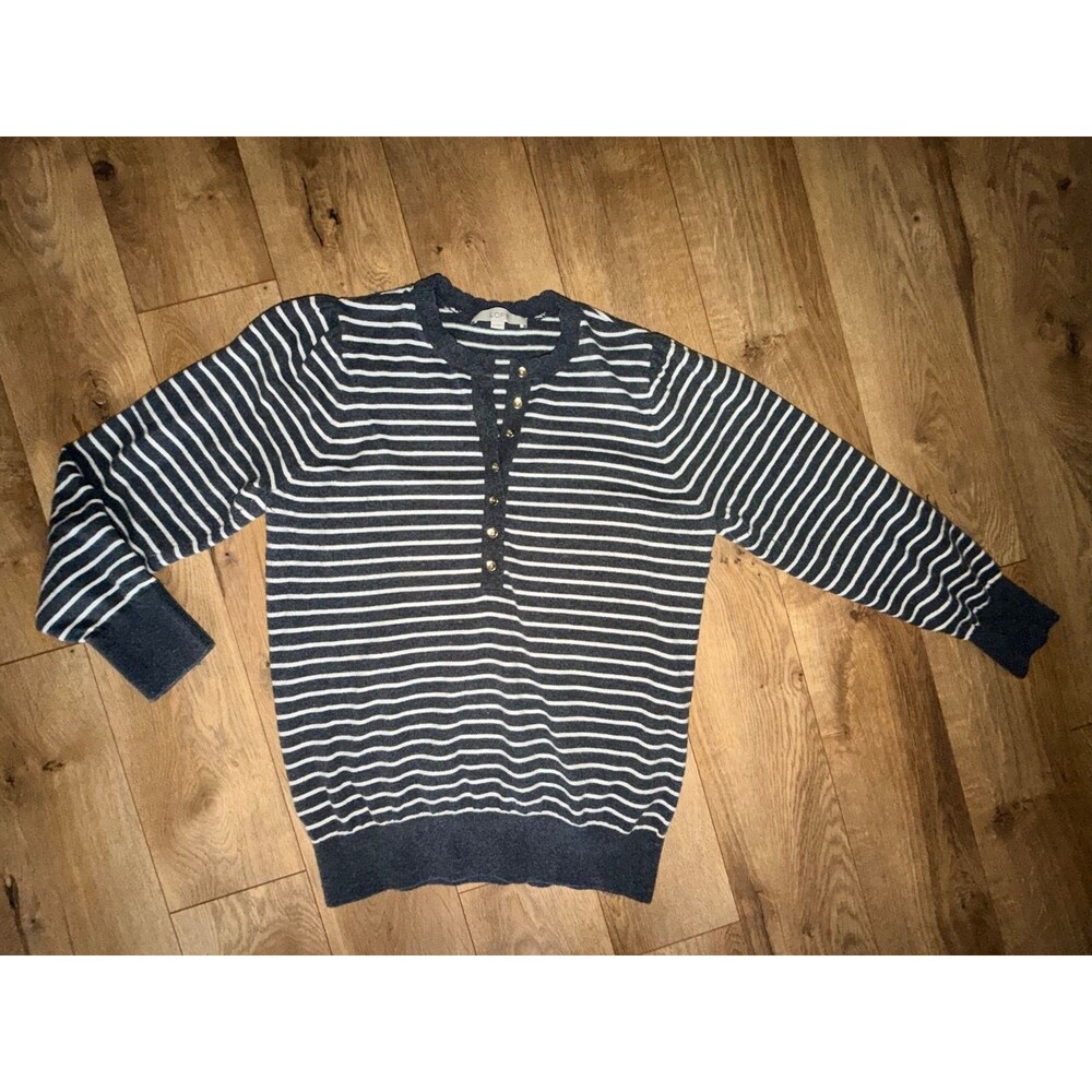 Gray Striped Loft Pullover button up Sweater XL Scalloped Neck Cotton Blend
